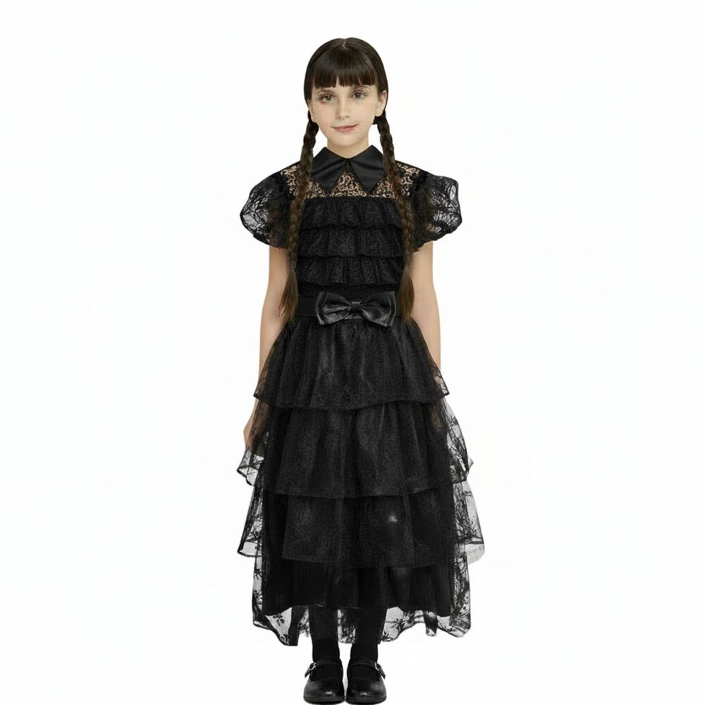 🖤 Wednesday Addams Costume Bundle Dance Dress & Wig Set Girls 5-6